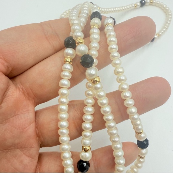 Freshwater Pearls With Black Obsidian Stone Statement Collar Necklace - Picture 7 of 8